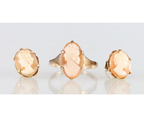 9ct yellow gold cameo set dress ring, size L, 1.8g., and a pair of 9ct gold matching cameo earrings, 1.9g. 