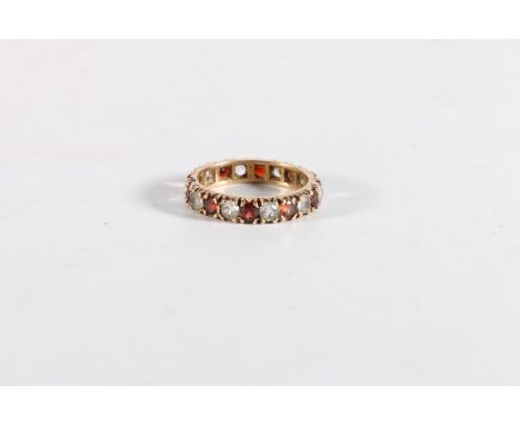 9ct gold clear stone and garnet set ring, size M, 2.7g.
