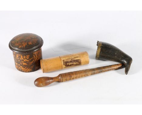Mauchlineware treen needle holder case, a fern pattern circular box and cover, an antique snuff mull in the form of a boot (a