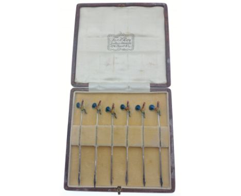 UNUSUAL! VINTAGE BIRMINGHAM Hallmarked 1928 set of six cocktail sticks within their original jeweller's presentation case fro