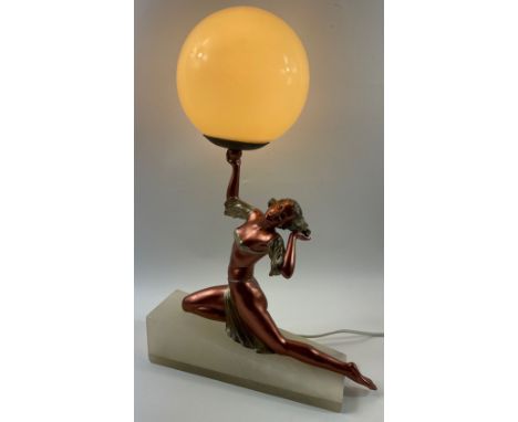 ART DECO 'LADY LAMP' - A large spelter kneeling lady lamp, thought to be designed by LORENZI - unsigned. Mounted on a wedge s