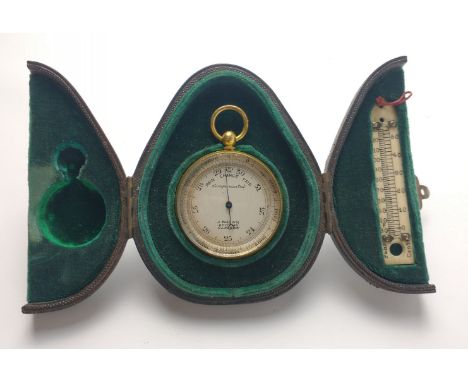 A vintage brown, leather TRIPTYCH with green velvet lining with a pocket BAROMETER (4cm diameter) by J Brown, optician of Gla