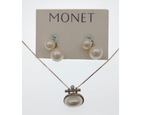 A 9ct gold chain with pearl and white stone pendant, chain 40cm, gross weight 2g plus a pair of pearl earrings in a Monet box