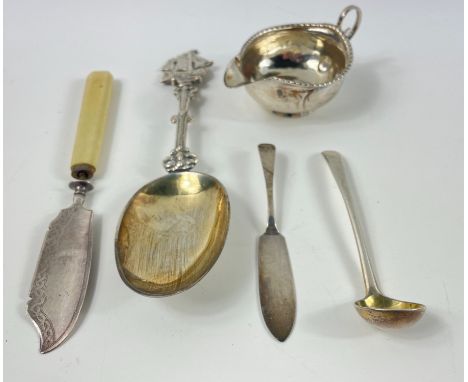 Three pieces of hallmarked silver to include a FISH KNIFE with a broken bone handle, a small condiment LADLE, a BUTTER KNIFE,