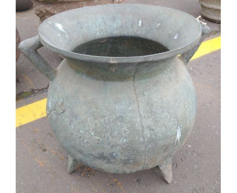 A VINTAGE VERDI-GRIS style heavy metal LARGE witches style cauldron - suitable for garden planter or internal decorative item