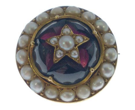 Possibly VICTORIAN 'yellow metal' circular red stone and pearl set BROOCH, dimension 2cm diameter, gross weight 4.80g