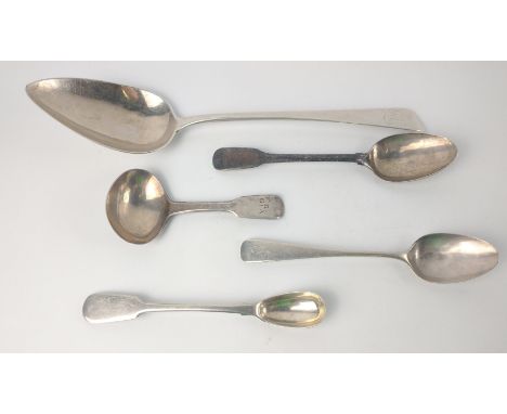 An assortment five London hallmarked SILVER PIECES to include 1806 tablespoon, 1819 mustard spoon, 2 teaspoons and a small la