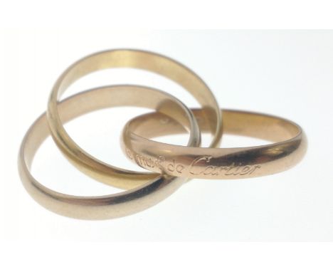 CARTIER!  Les Must De Cartier stamped Trinity 750 stamped yellow white rose gold RING Size N weight 9.32g approx within a CAR