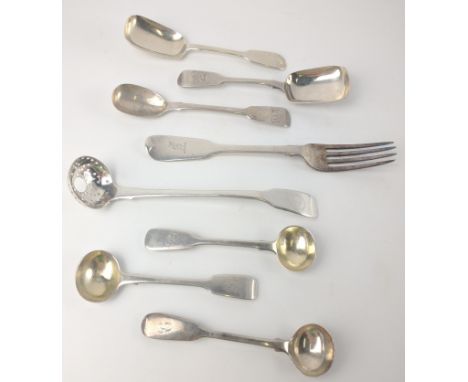 An assortment of eight London hallmarked SILVER PIECES to include 2 CHARLES BOYTON salt spoons, plus 1 other salt spoon, a mu