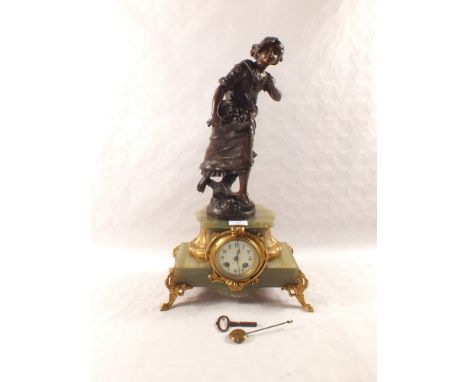 An Onyx and Brass mantel clock with cast lady on a marble base