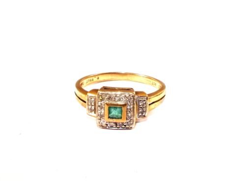 A 9ct Gold square cut Emerald and Diamond set ring, size R