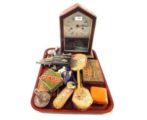 An American Jerome mantel clock, collectors tins etc