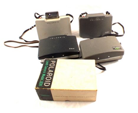 A collection of Polaroid cameras including early examples, J66, 440, 808, 250, 430, 104, 340 etc and a quantity of Polaroid a