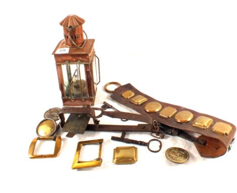 Vintage horse Brasses, Copper lantern, Chomes gin trap etc