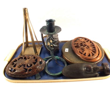 A Brass gong, metal candlestick and wood carvings etc