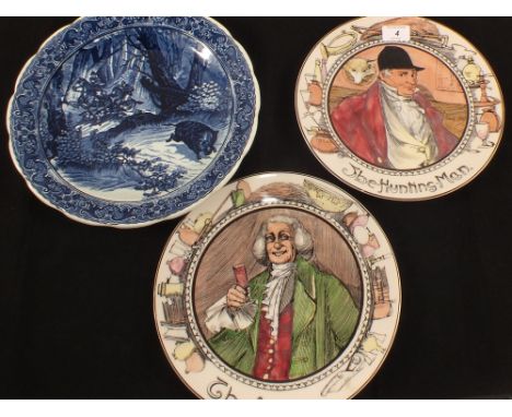 Two Royal Doulton plates, "The Squire" and "The Hunting Man", and a Delft plate depicting a hunting scene