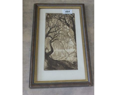 Sir William Rothenstein, sepia etching of a woodland scene, written verso, 9" x 4"