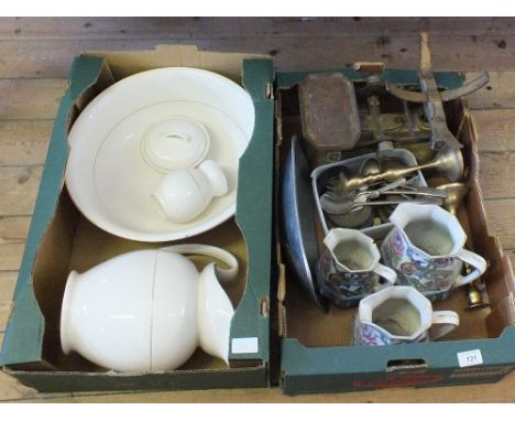 A mixed lot including ceramics and scales (two boxes) and Brass fire irons