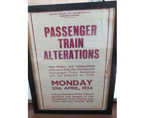 A framed L.M.S. (North Division) Passenger Train Alterations poster, 1934
