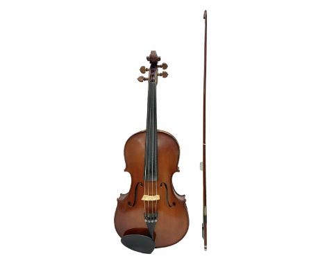 Small 20th century viola copy of a Tertis with a maple back and ribs and spruce top in a hard case with bow Length 60cm