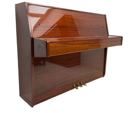 Steinmayer upright series 108 piano in sapele mahogany case, with an overstrung Iron frame and underdamper action, sustain, s