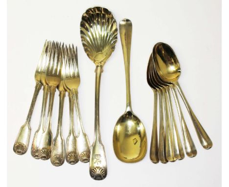 Assorted silver gilt cutlery comprising a set of six forks and a large spoon with shell bowl by William Eley &amp; William Fe