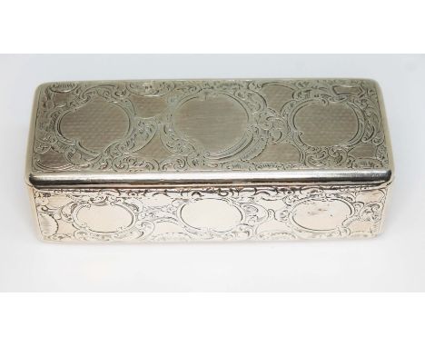 An early Victorian silver snuff box of rectangular form, bright cut engraved with scrolls, the hinged top with scroll thumb p