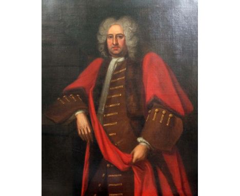 18th Century School, three quarter length portrait of a gentleman in mayoral dress, oil on canvas, 95.5cm x 121cm, plaque to 