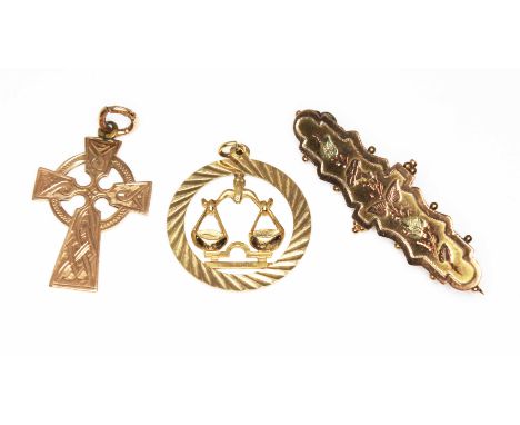 Hallmarked 9ct gold comprising a Celtic cross pendant, another pendant and a brooch, gross wt. 7.4g.  