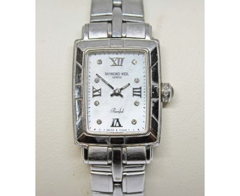 A ladies Raymond Weil Parsifal stainless steel quartz wristwatch, signed rectangular mother of pearl dial with Roman numerals