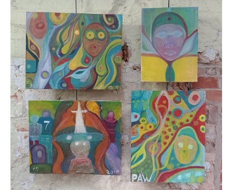 Philip Anthony Walters (b1955), four oil paintings, three semi-abstract scenes with figures and one portrait, 50.5cm x 40.5cm