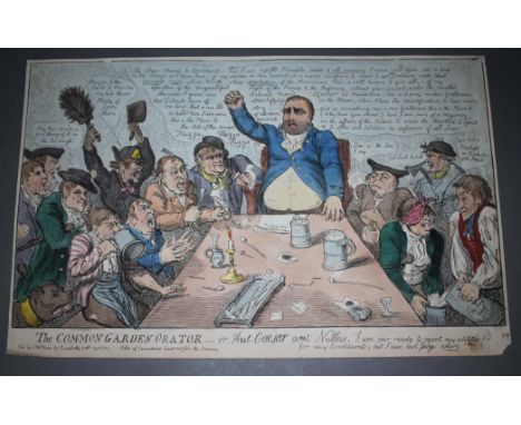 A group of five 18th/19th century satirical etchings, four being hand coloured, comprising; "Folios of Caricatures lent out f