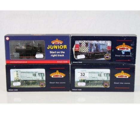 Four boxed Bachmann OO gauge locomotives to include 32100 Blue Ribband 08 Diesel Shunter 13365 BR Green, 32116 Blue Ribband 0