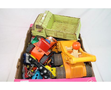 Quantity of vintage play worn diecast/plastic models to include Fisher Price digger, Tonka Hydraulic, Matchbox Ford GT, Super
