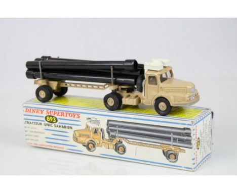 Boxed French Dinky 893 Tracteur Unic Saharien diecast model with 6 pipes, diecast vg within a gd box