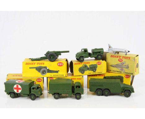 Six boxed Dinky military diecast models to include 677 Armoured Command Vehicle, 7.2 Howitzer, 626 Military Ambulance, Army C