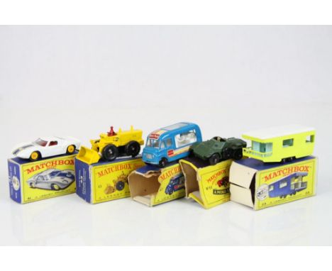 Five boxed Matchbox Lesney 75 Series diecast models to include 47 Lyons Maid Ice Cream Mobile Shop, 23 Trailer Caravan in yel