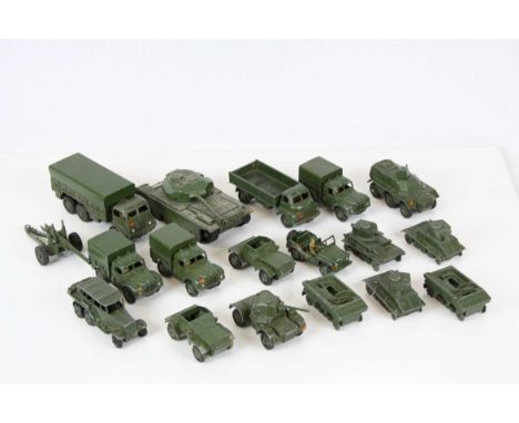 17 Dinky military diecast models to include 1 Ton Cargo Trucks, 10 Ton Army Truck, Scout Cars etc
