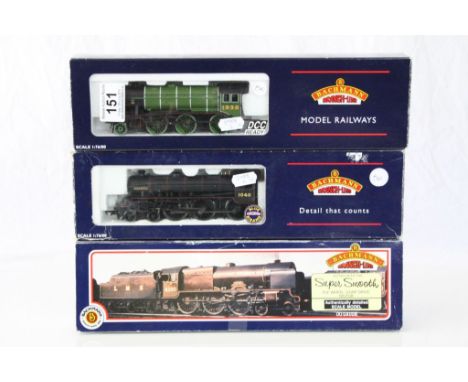 Three boxed Bachmann OO gauge locomotives 31277 Royal Scot 6112 Sherwood Forester 3500 Gallon Tender LMS red, 32355 Blue Riba