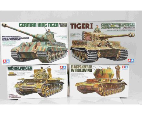 Four Tamiya 1:35 Scale model military vehicles to include No.237 Mobelwagen 3.7cm Flak Auf Fgst Pz. Kpfw. IV (Sf), No.85 Flak