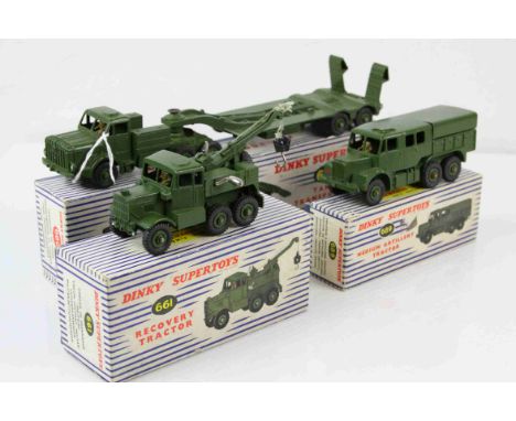 Three boxed military Dinky Supertoys to include 660 Tank Transporter, 689 Medium Artillery Tractor and 661 Recovery Tractor, 