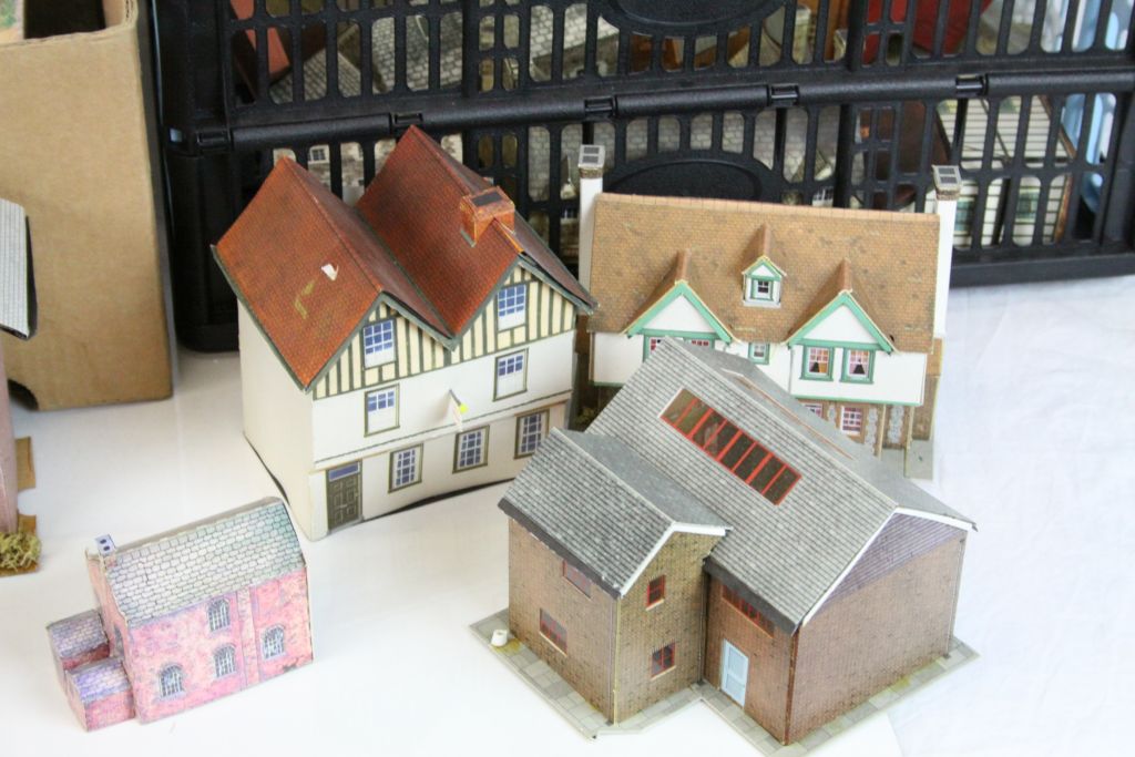 Collection of OO gauge trackside buildings, mainly cardboard (2 boxes)