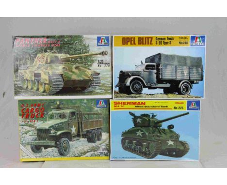 Four Italeri 1:35 Scale military vehicle model kits to include No.225 Sherman M4 A1 Allied Standard Tank, No.270 Panther Ausf