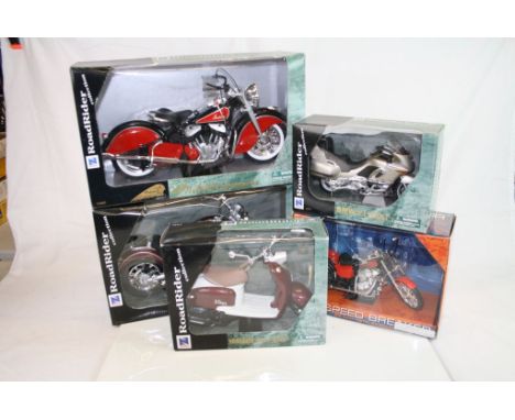 Five boxed diecast models to include NewRay RoadRider collection featuring BMW R1200C, Indian Motorcycle,  Yamaha YJ50R Vino,