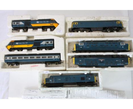 Six OO gauge BR Diesel locomotives within polystyrene to include Hornby x 3, Triang, Lima x 2 plus a coach, play worn