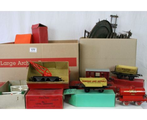 Quantity of boxed Hornby O gauge model railway accessories to include No 1 Level Crossing, No 1 Crane Truck, No 50 Rotary Tip