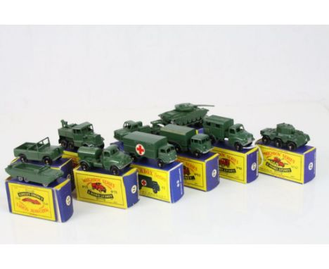 10 Boxed Matchbox Lesney military diecast models to include Major Pack No 3 Tank Transporter and Centurion Mark III Tank, 67 