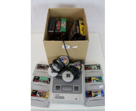 Retro Gaming - Super Nintendo SNES console, 2 x controllers, power charger and cables, 11 x games to include 5 x boxed games 