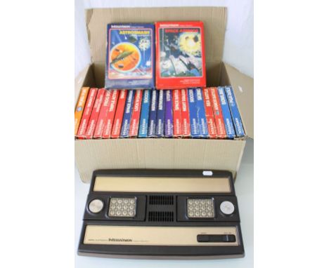Retro Gaming - Mattel Electronics Intellivision console with 22 x boxed games featuring Bowling, PGA Golf, Sea Battle, Utopia