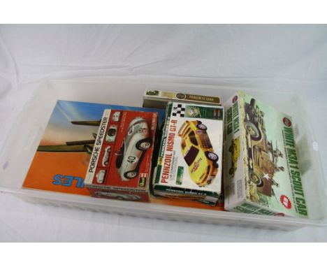 Five boxed plastic model kits to include Airfix 1/35 White M3A1 Scout Car, Pennzoil Nismo GT-Z Car Component Set, Airfix OO s